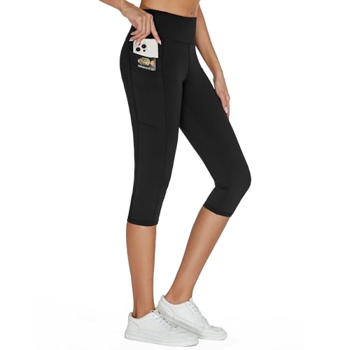 adorence Legging 3/4 de Sport Femme avec 5 Poches, Pantalon de Sport 3/4 Opaque, Pantacourt de Yoga Femme Taille Haute - Noir,XL