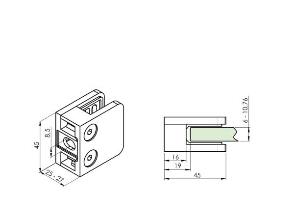 Sellon24 Abrazadera de cristal modelo 21 de acero inoxidable V2A AISI 304 pulida, plana, 45 x 45 mm, soporte para cristal, barandilla, balcón, montaje en pared