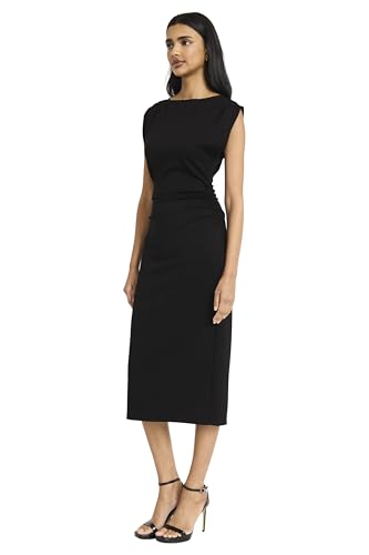 Donna Morgan Women's Sleeveless Boat Neck Midi Sheath Dress-Side Ruching Detail-Elegant Formal Cocktail Attire2
