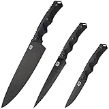 DFACKTO Premium Rugged 3 Piece Kitchen and Camping Knife Prep Set, Stonewashed High Carbon Stainless Steel, G10 Handles, Black, Cutlery, BBQ, Tactical