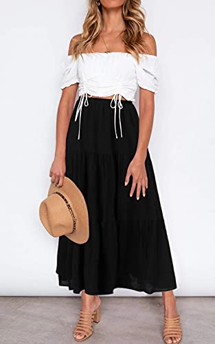 Image of Annebouti Womens Spring Summer Boho Elastic Long Skirts High Waist Pleated A Line Tiered White or Black Maxi Skirt