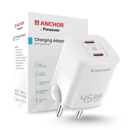 Image of Anchor by Panasonic Type C Dual Port 45W GaN Fast Wall Charger, Compact Travel Adapter with Short Circuit Protection, High Speed Charging for Samsung, iPhone, Headphone, Camera
