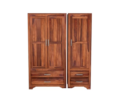 Image of Sheesham Wood Wooden 3 Door Wardrobe Organizer for Clothes | - Solid Wood Almirah with 4 Drawers, 4 Shelves - with Hanging Space Cupboard for Large Bedroom (Design 6)