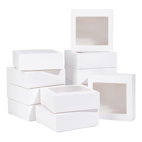 BENECREAT 16 paquetes de 14 x 14 x 5 cm, cajas de regalo de PVC transparente con ventana cuadrada, cajas de regalo de papel kraft blanco para regalos de boda, bombones, galletas y otras manualidades