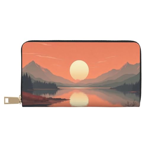 Retro Coral Sunset Lake Print Wallet Women, Leather Bifold Multi Card Wallet, Long Purse Women's Wallets