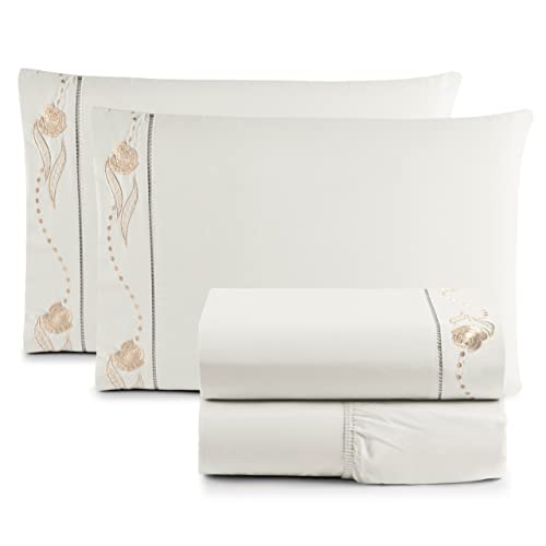 Jogo de Cama Lençol Queen Bordado Imperial Realeza 4 Peças 200 Fios Percal 100% Algodão (PALHA)