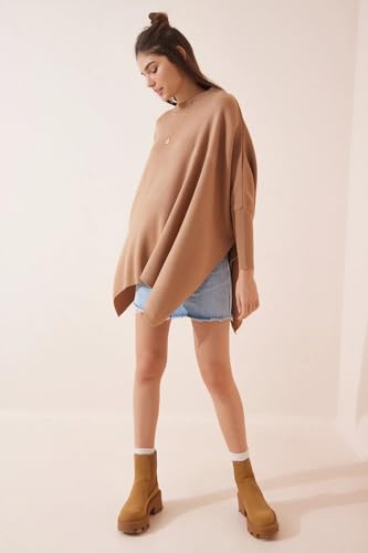 Image of Women's Crew Neck Batwing Sleeve Split Hem Oversized Knit Poncho Sweater