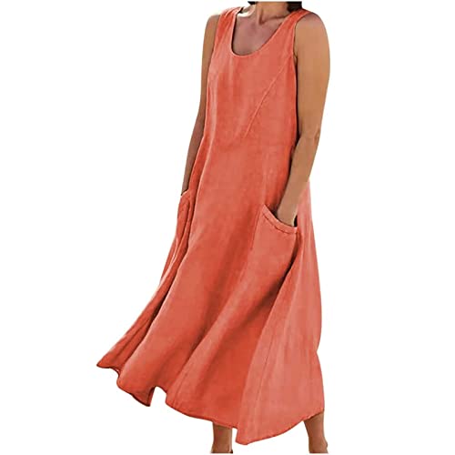 Vestido sin Mangas de algodón y Lino para Mujer, Vestidos de Cuello Redondo con Bolsillo de Color sólido de Verano, Vestido de Verano de Playa cómodo, Elegante y Holgado (XXXL,Orange)