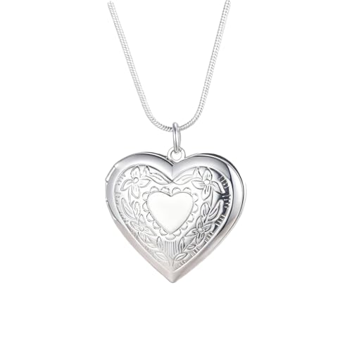 SKYGLEAM 925 Silver Plated Heart Photo Locket Necklace for Women, Snake Chain Picture Pendant with Frame, Gift for Women