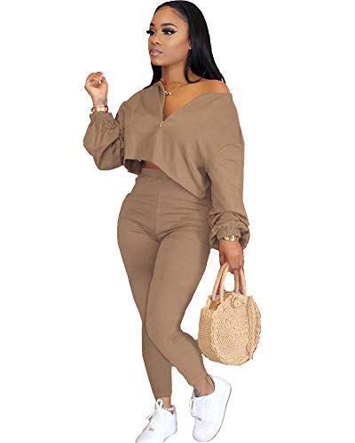 Women Sweatsuits Crop Top Sweatshirts Sweat Pants 2 Piece Outfits Jogging Suits Khaki XL