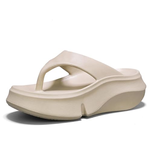 BANGTEUO Womens Pillow Platform Solid Flip Flops Comfortable Lightweight Slip On Cloud Thick Sole Thong Slides For Daily Casual Beach Vacation Work Office Summer (Apricot,8.5)