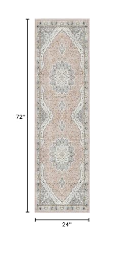 Madane Washable Runner Rug - 2x6 Rug Runners for Hallways 6 Feet Non Slip Vintage Kitchen Runner Rug Ultra-Thin Bathroom Runner Rugs Carpet Laundry Room Bedroom (2x6ft, Pink/Gray)