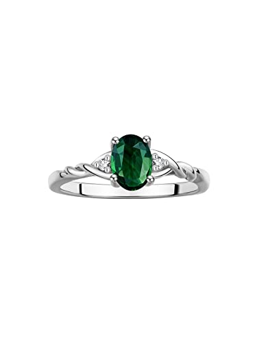 14K White Gold Classic Style Ring | 7X5MM Oval Gemstone & Diamonds | Green-sapphire September Birthstone | Diamond Rings for Women | Size 8