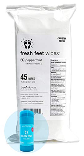 Fresh Feet Wipes - Antibacterial - Peppermint - 45-count REFILL for Canister - Eco friendly (Total 45 Hand, Foot, Body Wet Wipes) by Jasmine Seven