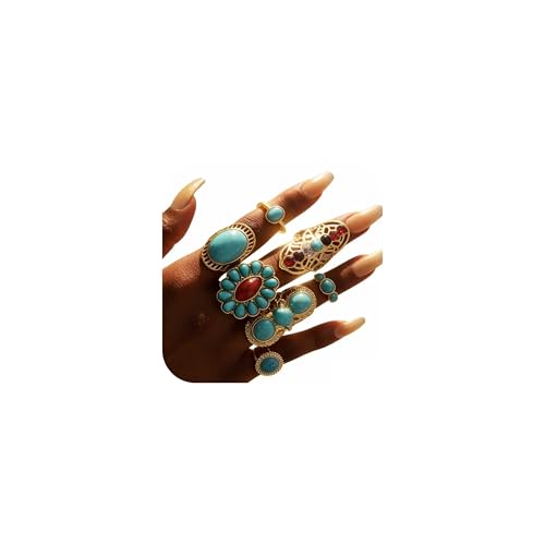 UYY Chunky Gold Rings for Women Non Tarnish, Baroque Pearl Flower Tiger's Eye Stone Rings Adjustable Stacking Statement Rings Set Fashion Jewelry Gifts (Turquoise/red/colorful)