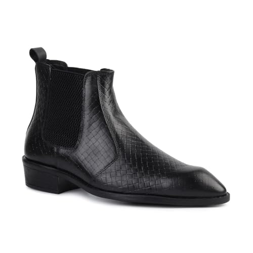 Image of Hayes London Chelsea Boots for Man | Crust Leather Black Ankle Boots | Cuban Heel Pointed Toe Stylish Formal & Casual Boots for Men | Slip-On Elastic Side Panel