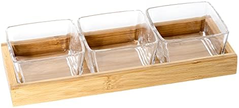 Goodsdeco Glass Serving Dishes with Wood Serving Tray, Divided Serving Platters with Wood Tray, Glass Bowl and Platters for Parties (3pcs)