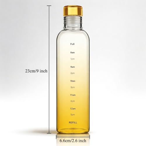 Image of Borosilicate Water Bottles, H2O Fridge Water Bottle with Cap, Leak proof & Airtight Lid, Water Bottle for Office, School, College - 500ml Bottles with Time Marker (Yellow)