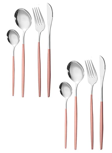 Image of Stainless Steel Flatware Set - Mirror Polished Cutlery for Dinner, Kitchen Utensil with Fork, Spoon, Knife Silverware Tableware Lunch Box(Pink-Blue, Set of 8)