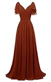 Yexinbridal Ruffle Sleeves Bridesmaid Dress V-Neck Chiffon Long Formal Wedding Evening Gowns Burnt...