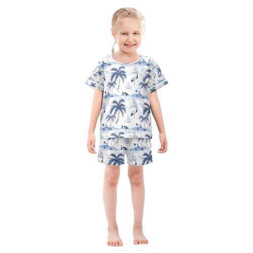 senya Blue Palm Tree Sailboat Crane Summer Pajamas Set Short Cotton Sleepwear 2 Piece3