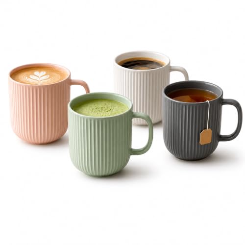 APM Distribution Ribbed Ceramic Coffee Mug Set of 4 – 9oz Minimalist Mugs for Coffee, Tea & Matcha | Microwave & Dishwasher Safe | Blush Pink, Sage Green, White, Charcoal Gray