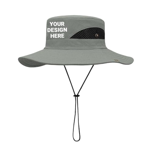 Custom Photo Wide Brim Unisex Boonie Bucket Hat Personalized Logo Text Name Sun UV Protection Safari Beach Garden Hat Light Grey
