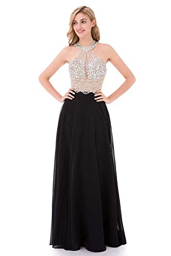 YuNuo Sparkly Crystal Beading Prom Dresses Long 2018 Sexy Open Back Party Ball Gown Scoop Bridesmaid Dresses Black-US12