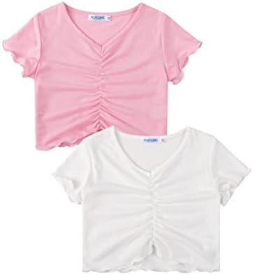 GERU Girls' Short Sleeve T-Shirt 2 Packs, Summer V-Neck Tee Tops with Twist Front Design for Babies, Toddlers 3-4 Years Pink and White