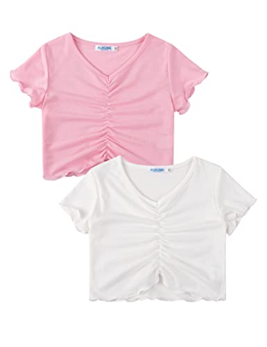 Geru Girls' Short Sleeve T-Shirt 2 Packs, Summer V-Neck Tee Tops With Twist Front Design For Babies, Toddlers 3-4 Years Pink And White #TOP29