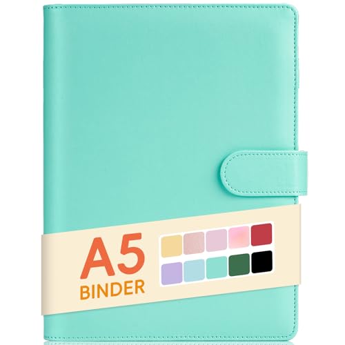 Image of Sooez A5 Notebook Photocard Binder, 6 Ring Planner, Stylish Loose Leaf Personal Organizer Cover with Magnetic Buckle, PU Leather Women's Binder (Mint Green)