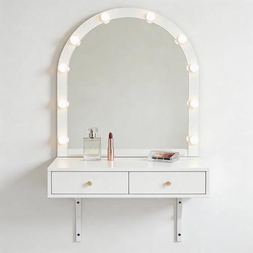 SKJDCSDLLSN Wall-Mounted Vanity with Lighting and Power Outlets — A Floating Dressing Table Featuring a Large Arched Mirror, Designed for Small Spaces with Dual Storage Compartments (White)