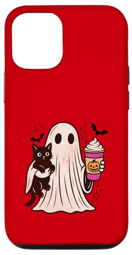 Pumpkin Spice Latte Ghost Holding Black Cat Halloween X}zP[X iPhone 12/12 Pro p
