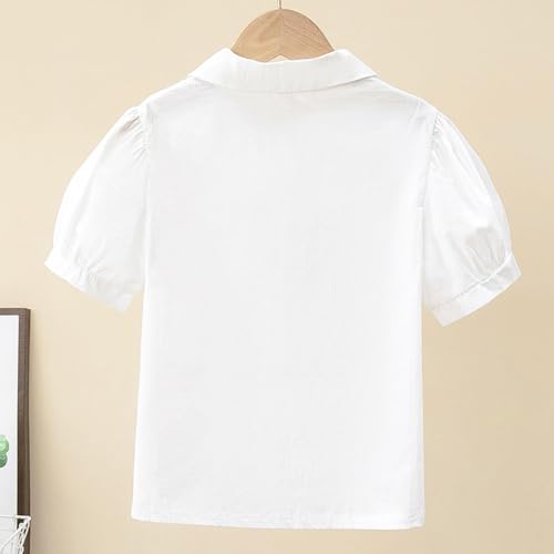 Girls White Blouse Button Down Shirts Puff Short Sleeve Princess Bowknot School Uniform Tops2
