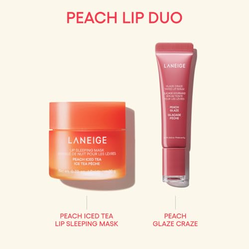 Image of LANEIGE Peach Lip Duo: Hydrating Overnight Lip Mask & Glassy, Nourishing Lip Tint in Peach Scents
