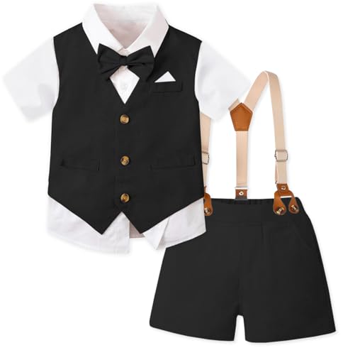 Image of SANGTREE Baby Boy Suit Wedding Ring Bearer Outfits Vest Short Sleeve Bowtie Shirt Suspender Summer Gentleman Shorts Sets