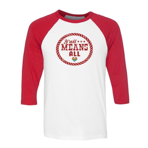 TeesAndTankYou Y'all Means All Three-Quarter Raglan Sleeve Baseball Shirt Unisex Small White/Red