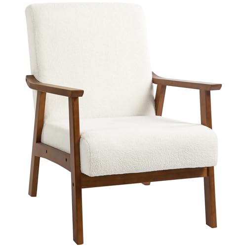 HOMCOM Armchair with Wide Seat, Boucle Accent Chair, Thick Padded Occasional Chair with Solid Wood Frame for Living Room Bedroom Home Office Reception Balcony, White