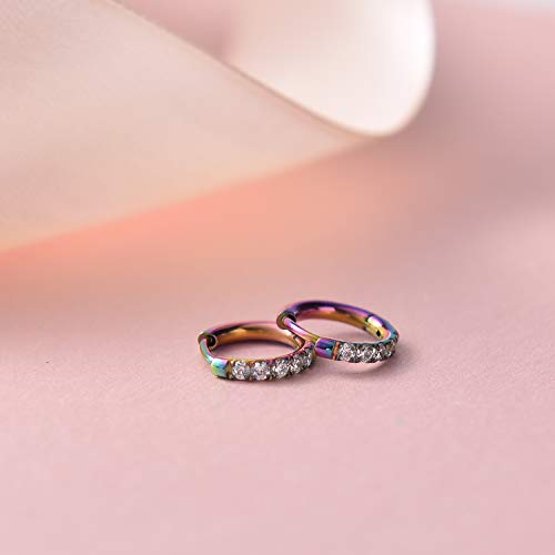 Image of Hypoallergenic Unisex Surgical Steel Small Cubic Zirconia Huggie Hoop Earring, Color Gold - Silver - Rose Gold - Black - Rainbow, Size 6mm- 12mm Safe for Sensitive Ear