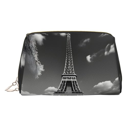 Gold Leather Makeup Bag – Paris Eiffel Tower and Cloud Print Travel Cosmetic Bags with Handle, Divider, Zipper, Portable Personal Toiletries, Gold, One Size