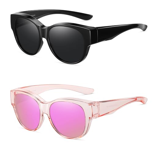 Wzerry Sunglasses Over Glasses for Women, HD Polarized UV400 Protection Fit-over Glasses Stylish Round Cateye Shades