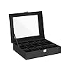SONGMICS Horlogebox voor 10 horloges, horlogekast met glazen deksel, horlogekoffer, horlogekussen uitneembaar, fluwelen voering, metalen sluiting, cadeau-idee, PU-overtrek in zwart, binnenvoering in zwart JWB010B02