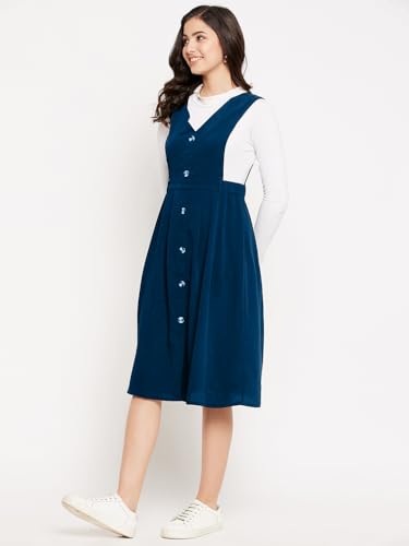 Image of WineRed Women Soild Pinafore Dress with Button