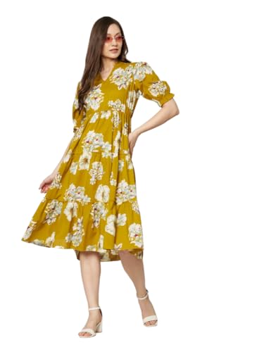 Image of PIDAVLIYA'S Women's Floral Summer Maxi Dress I Cotton Printed I One Piece Bodycon Midi Dress with V-Neck, Puffed Sleeves