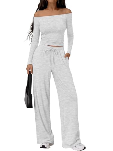 Trendy Queen 2 Two Piece Off Shoulder Set Womens Matching Sweatsuit 2025 Y2K Clothes Wide Leg Pants Sweatsuit Fashion Influencer Clothing Vacation Comfy Airport Travel Outfit