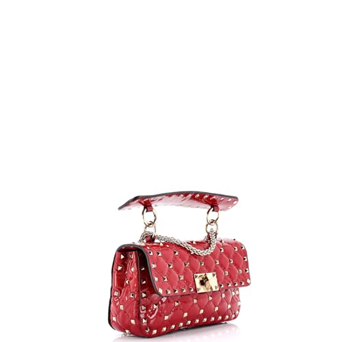 Pre-Loved Rockstud Spike Flap Bag Quilted Patent Small, Red2