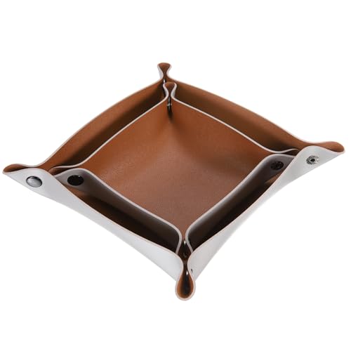 QUARKZMAN 2pcs Bandeja De Valet De Cuero PU Plegable Pequeña Bandeja Organizadora Portátil Para Mesita De Noche Escritorio Para Llaves Billetera Reloj Monedas Joyas Dados, Marrón Plateado