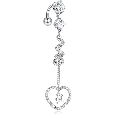 Jewenova 14G Belly Button Rings Dangle with Initials for Women Girl Round Cubic Zirconia Belly Button Rings 316L Surgical Steel Belly Piercing Jewelry Navel Rings Dangle Belly Ring with CZ Crystals Cover