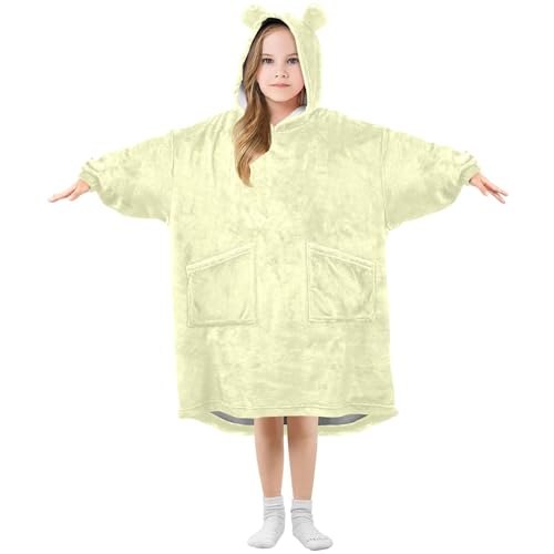 S Husky Light Yellow Wearable Blanket Hoodie Kids Flannel Oversized Blanket Sweatshirt with Pocket Hooded Blanket for Girls