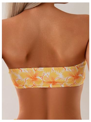 WDIRARA Women's Strapless Bandeau Smocked 2 Piece Swimsuit Floral Print O Ring Cheeky Bottom Bikini Set Bathing Suit3